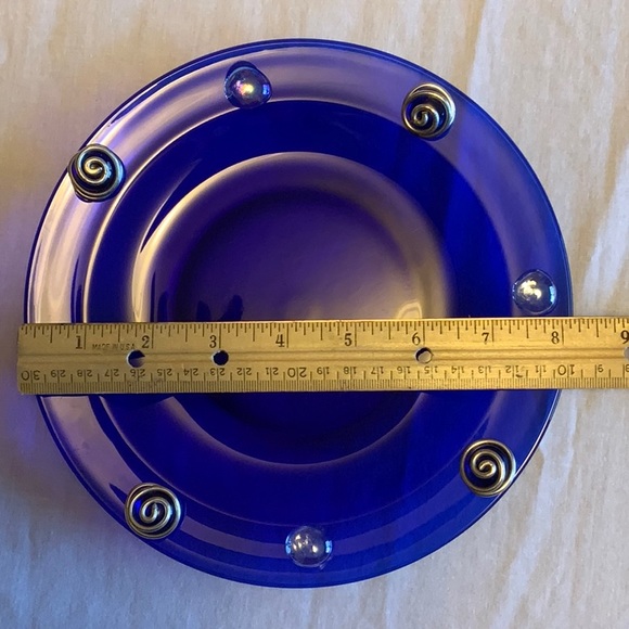 Two Blue Glass Serving Plates with Decorative Glass Beads & Silver Metal Swirls - Picture 6 of 6